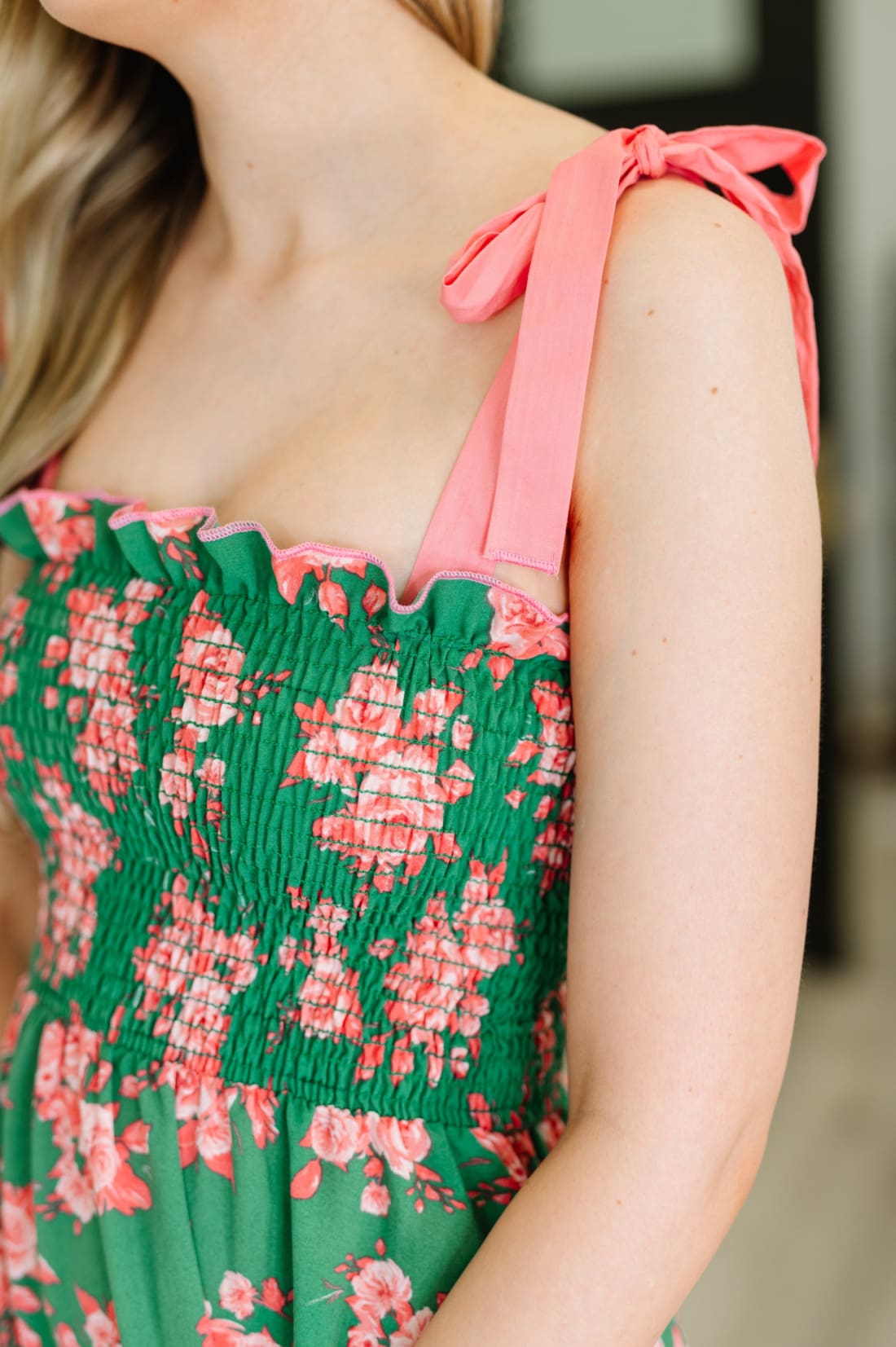 Low Effort High Impact Tiered Dress in Green/Coral
