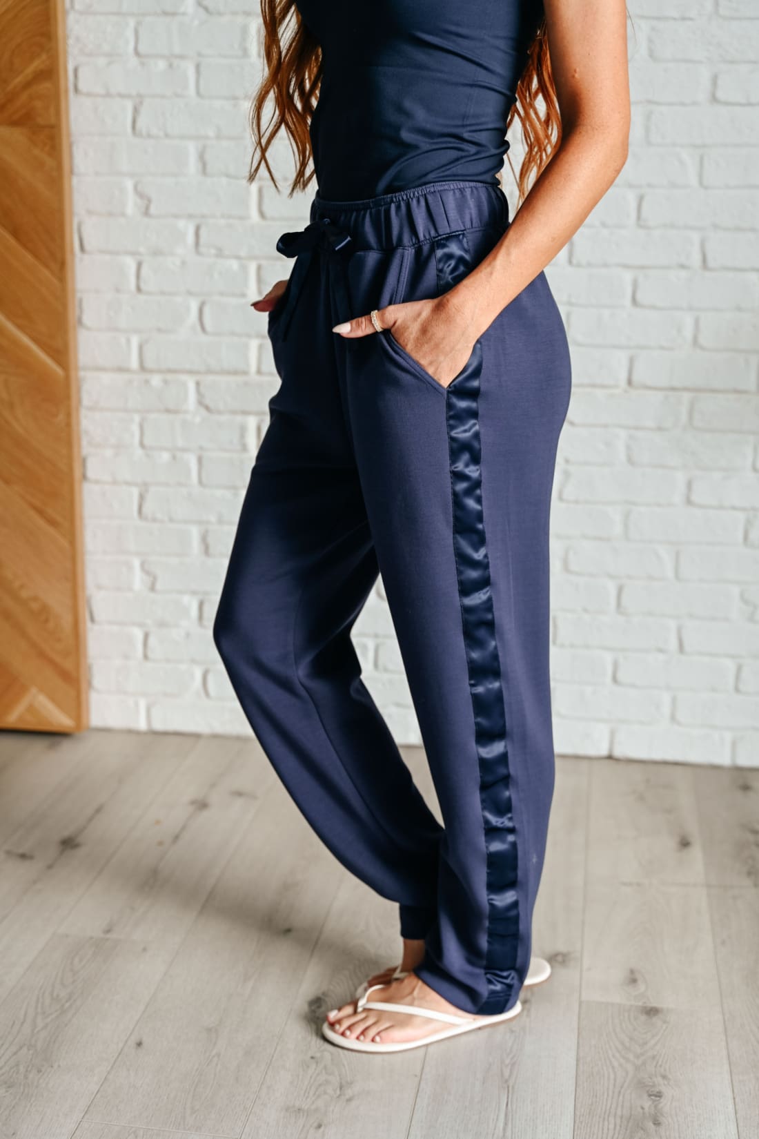 Lysa Satin Stripe Lounge Pants in Smoky Navy | Athleisure