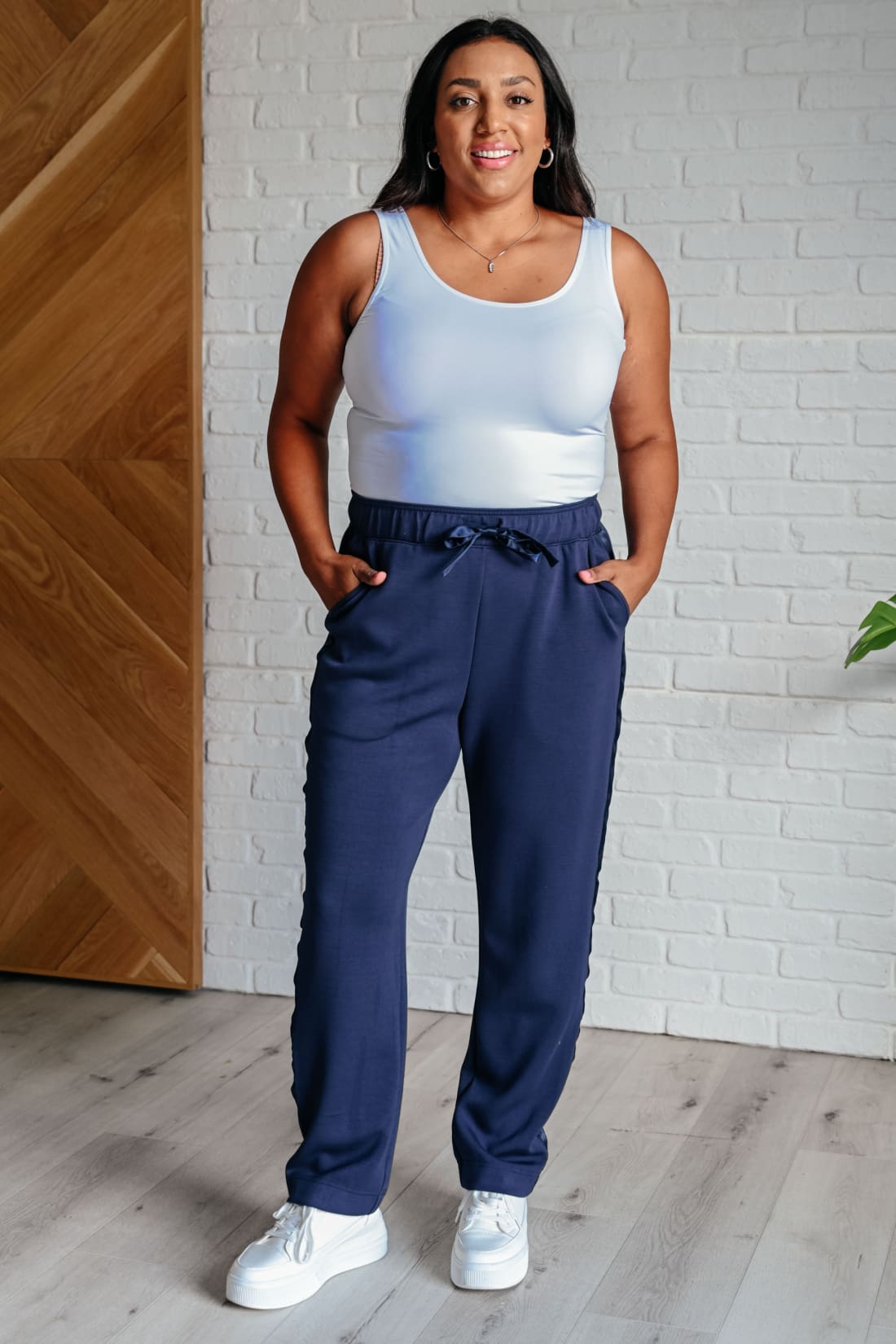 Lysa Satin Stripe Lounge Pants in Smoky Navy | Athleisure