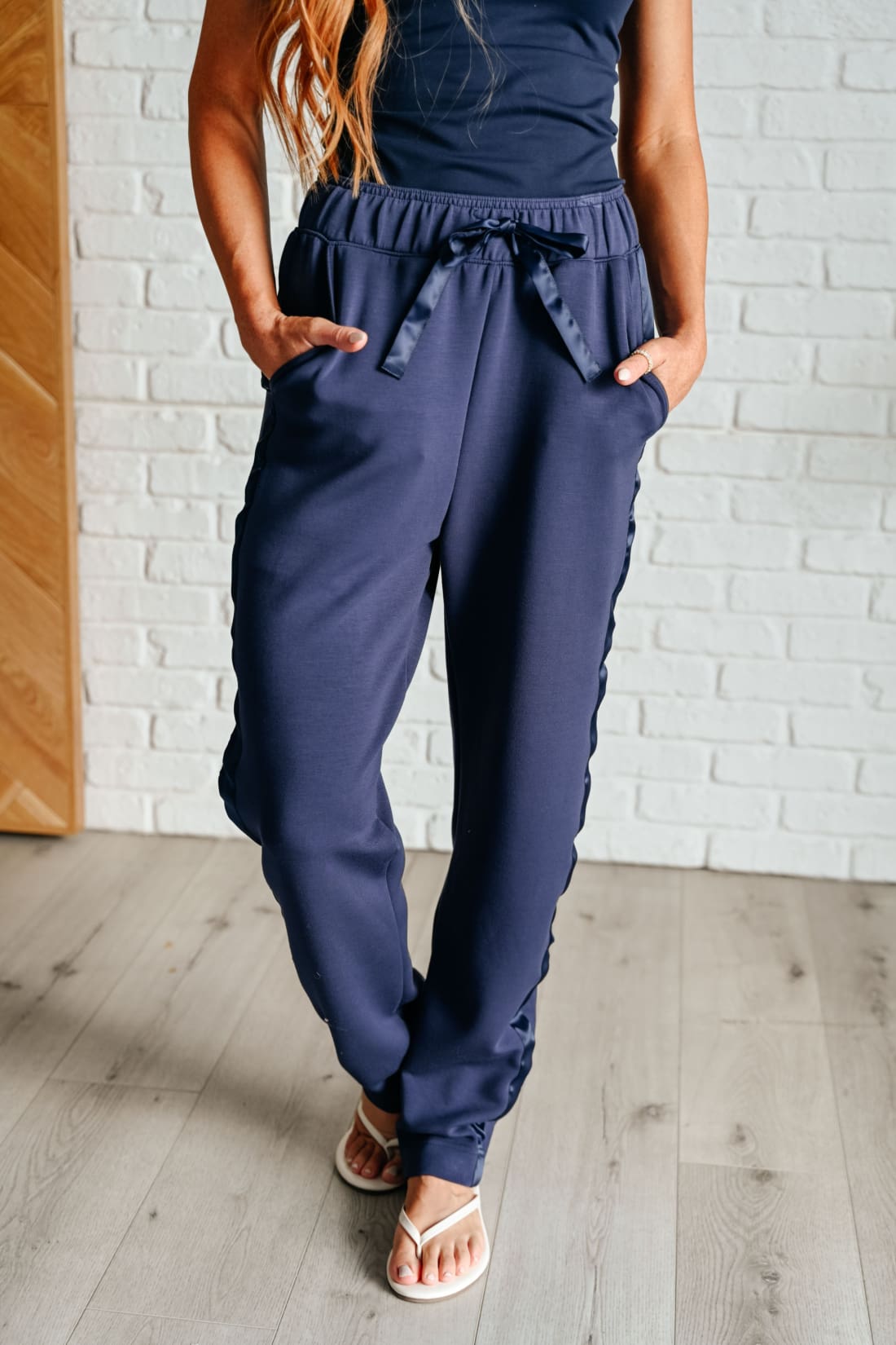 Lysa Satin Stripe Lounge Pants in Smoky Navy | Athleisure