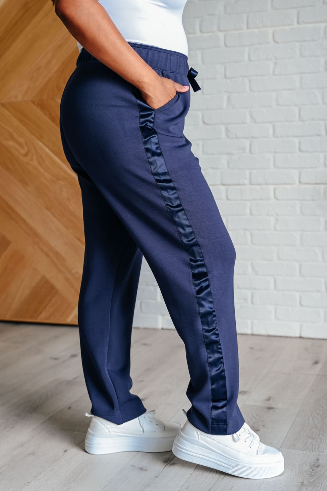 Lysa Satin Stripe Lounge Pants in Smoky Navy | Athleisure