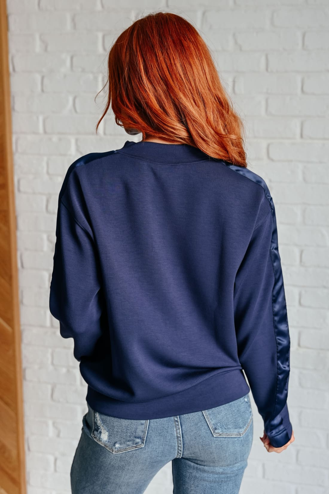 Lysa Satin Stripe Pullover in Smoky Navy | Long Sleeve Tops