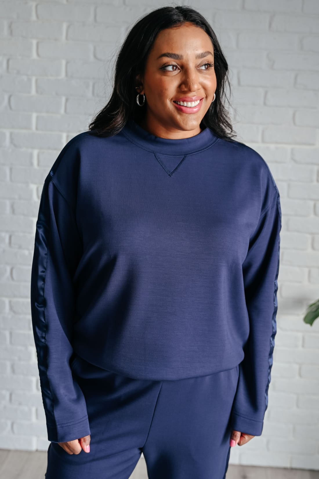 Lysa Satin Stripe Pullover in Smoky Navy | Long Sleeve Tops