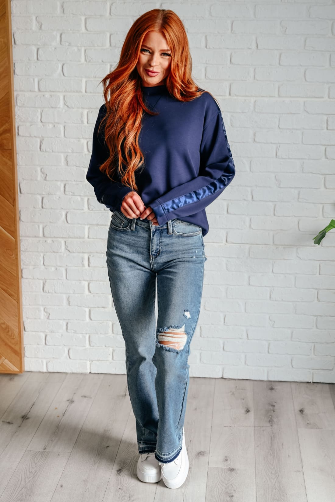 Lysa Satin Stripe Pullover in Smoky Navy | Long Sleeve Tops