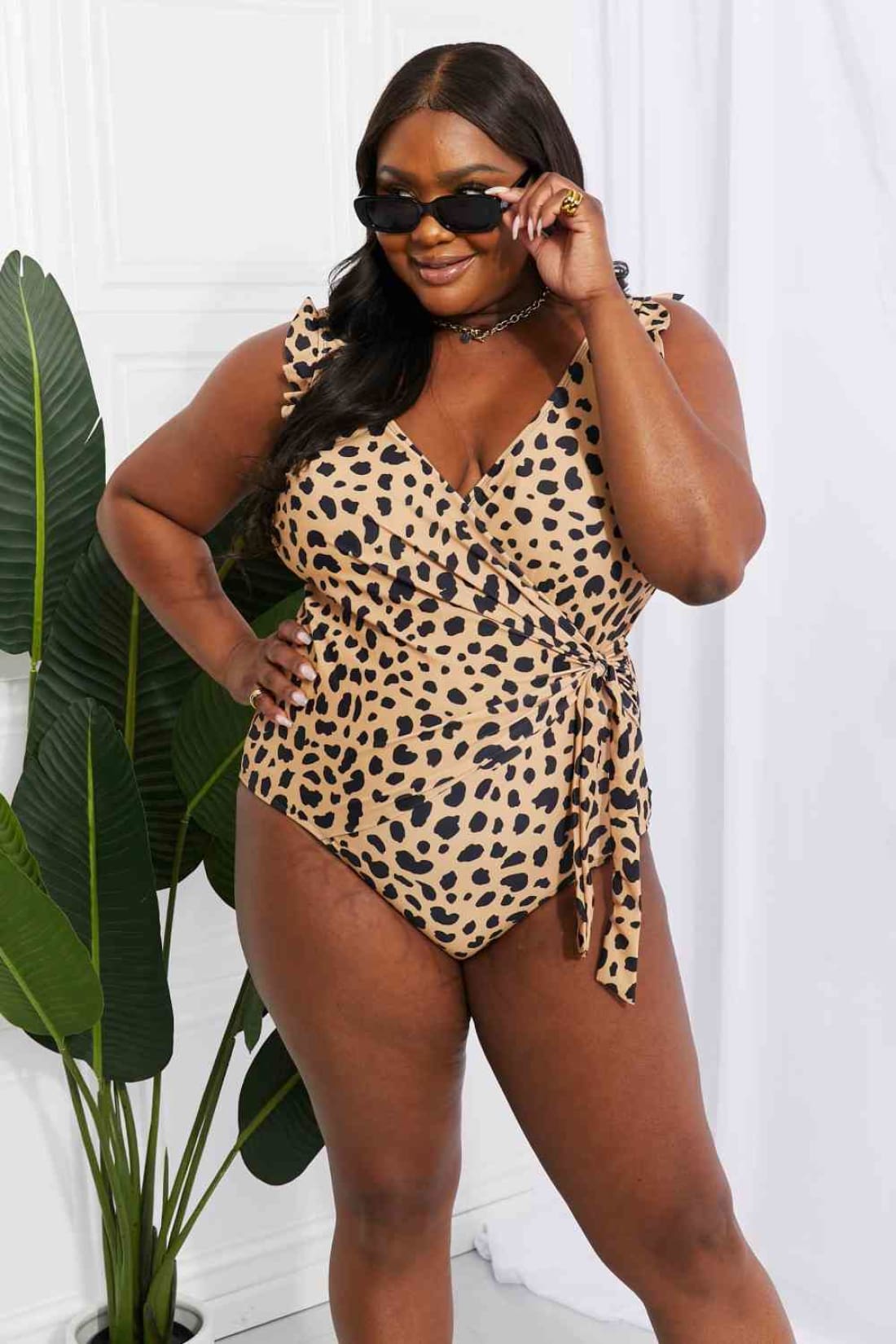 Marina West Swim Full Size Float On Ruffle Faux Wrap One-Piece in Leopard | one piece swimsuit