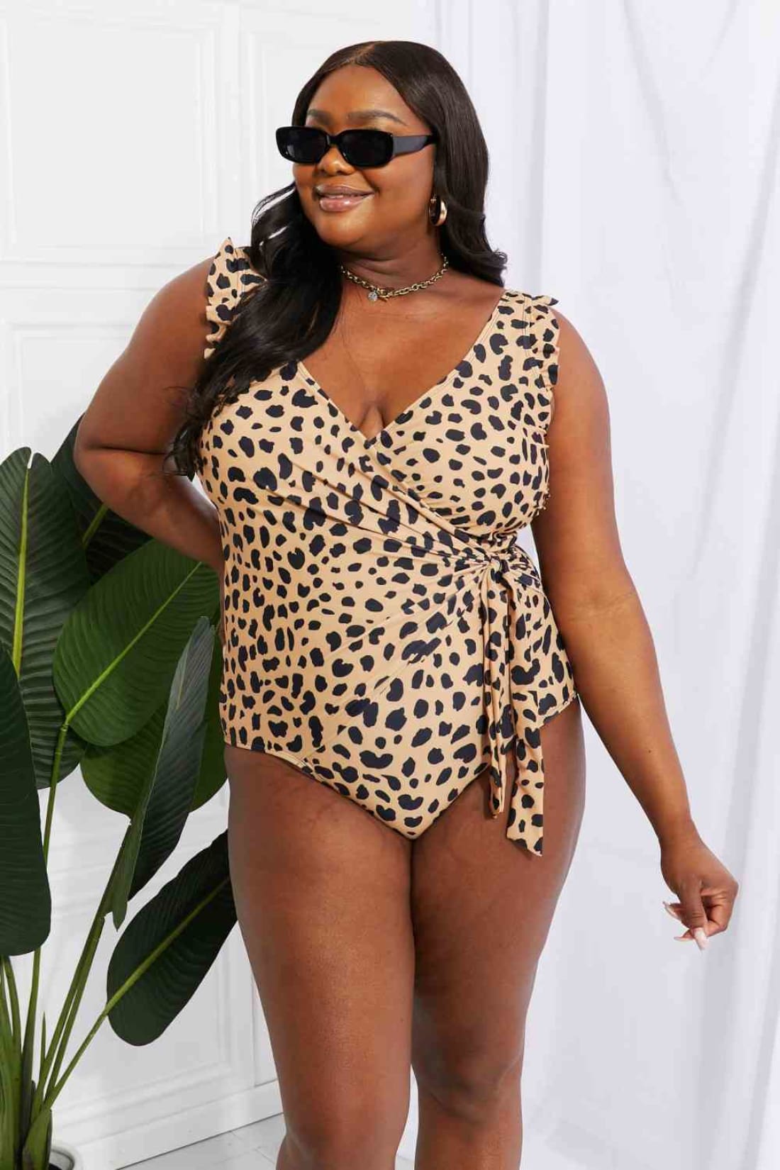 Marina West Swim Full Size Float On Ruffle Faux Wrap One-Piece in Leopard | one piece swimsuit