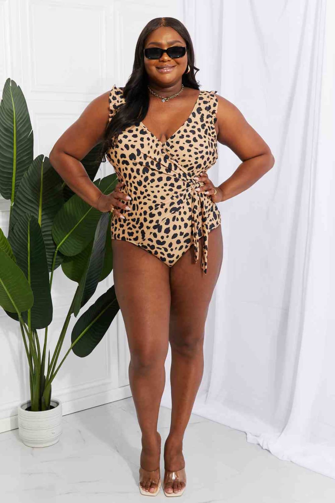 Marina West Swim Full Size Float On Ruffle Faux Wrap One-Piece in Leopard | one piece swimsuit