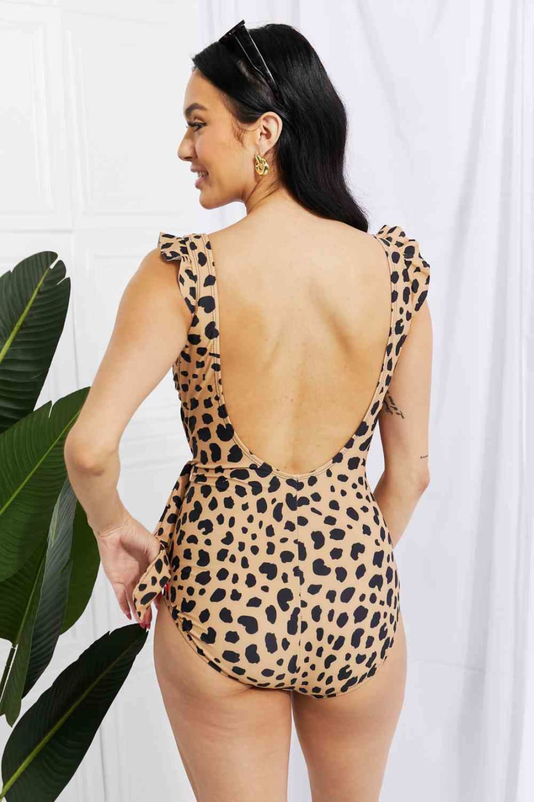 Marina West Swim Full Size Float On Ruffle Faux Wrap One-Piece in Leopard | one piece swimsuit