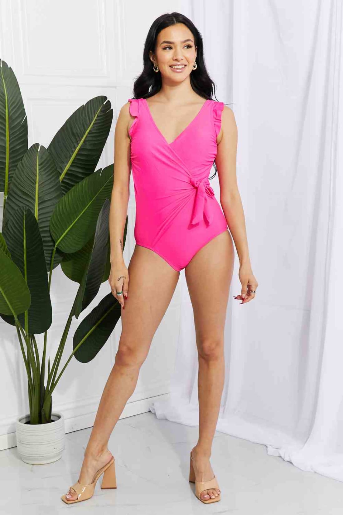 Marina West Swim Full Size Float On Ruffle Faux Wrap One-Piece in Pink | One-Piece Swimsuit