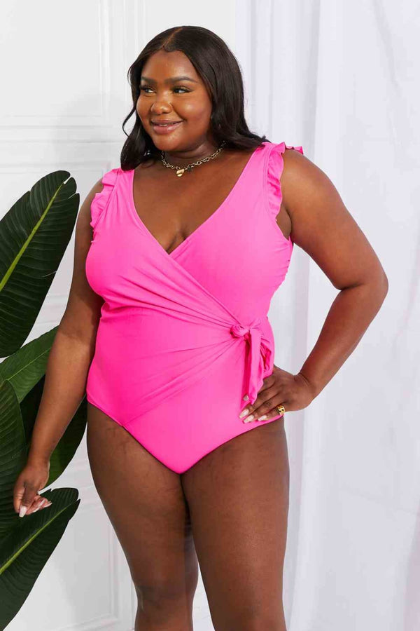 Marina West Swim Full Size Float On Ruffle Faux Wrap One-Piece in Pink | One-Piece Swimsuit