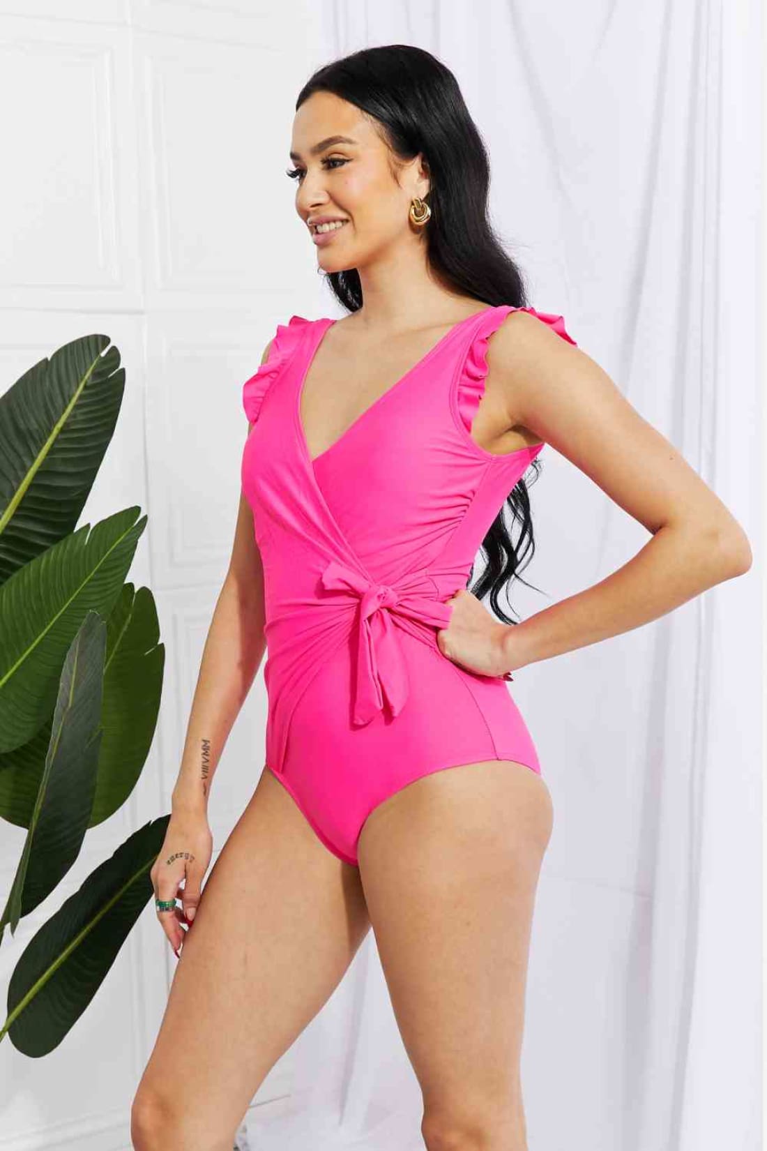 Marina West Swim Full Size Float On Ruffle Faux Wrap One-Piece in Pink | One-Piece Swimsuit