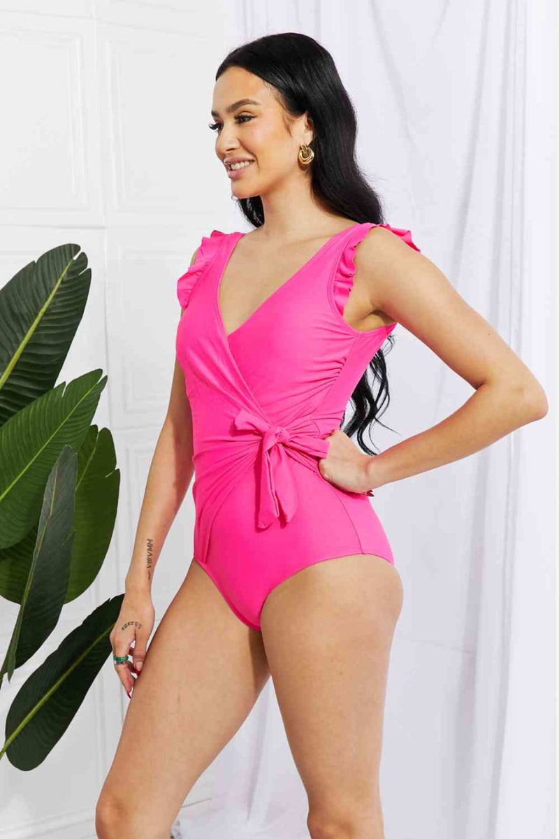 Marina West Swim Full Size Float On Ruffle Faux Wrap One-Piece in Pink | Swimsuit