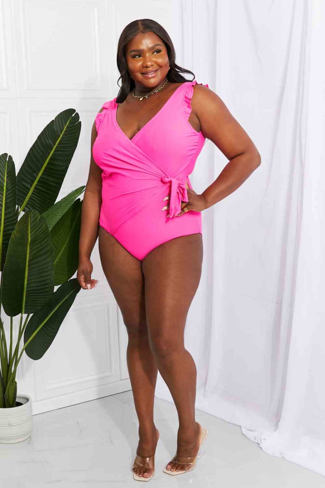 Marina West Swim Full Size Float On Ruffle Faux Wrap One-Piece in Pink | One-Piece Swimsuit