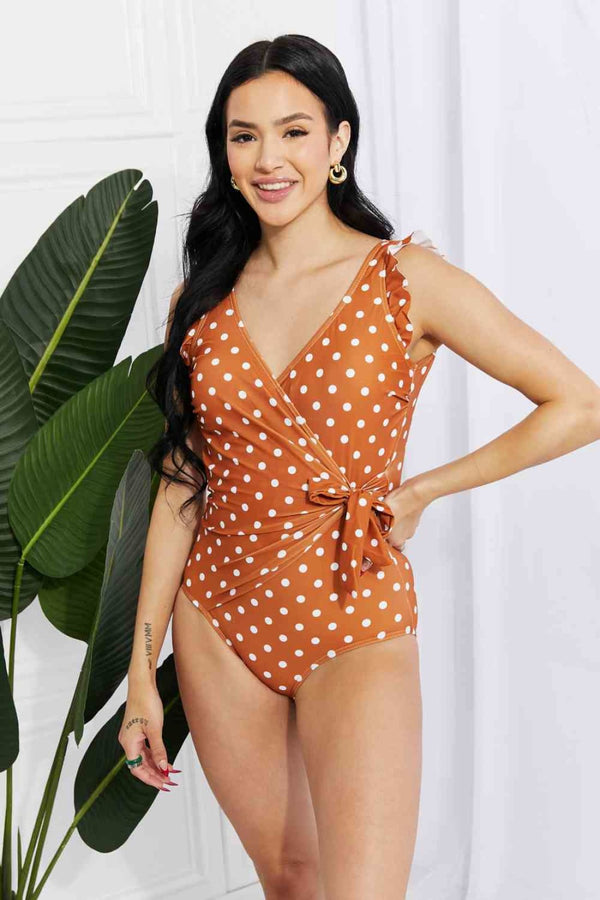 Marina West Swim Full Size Float On Ruffle Faux Wrap One-Piece in Terracotta | One-Piece Swimsuit