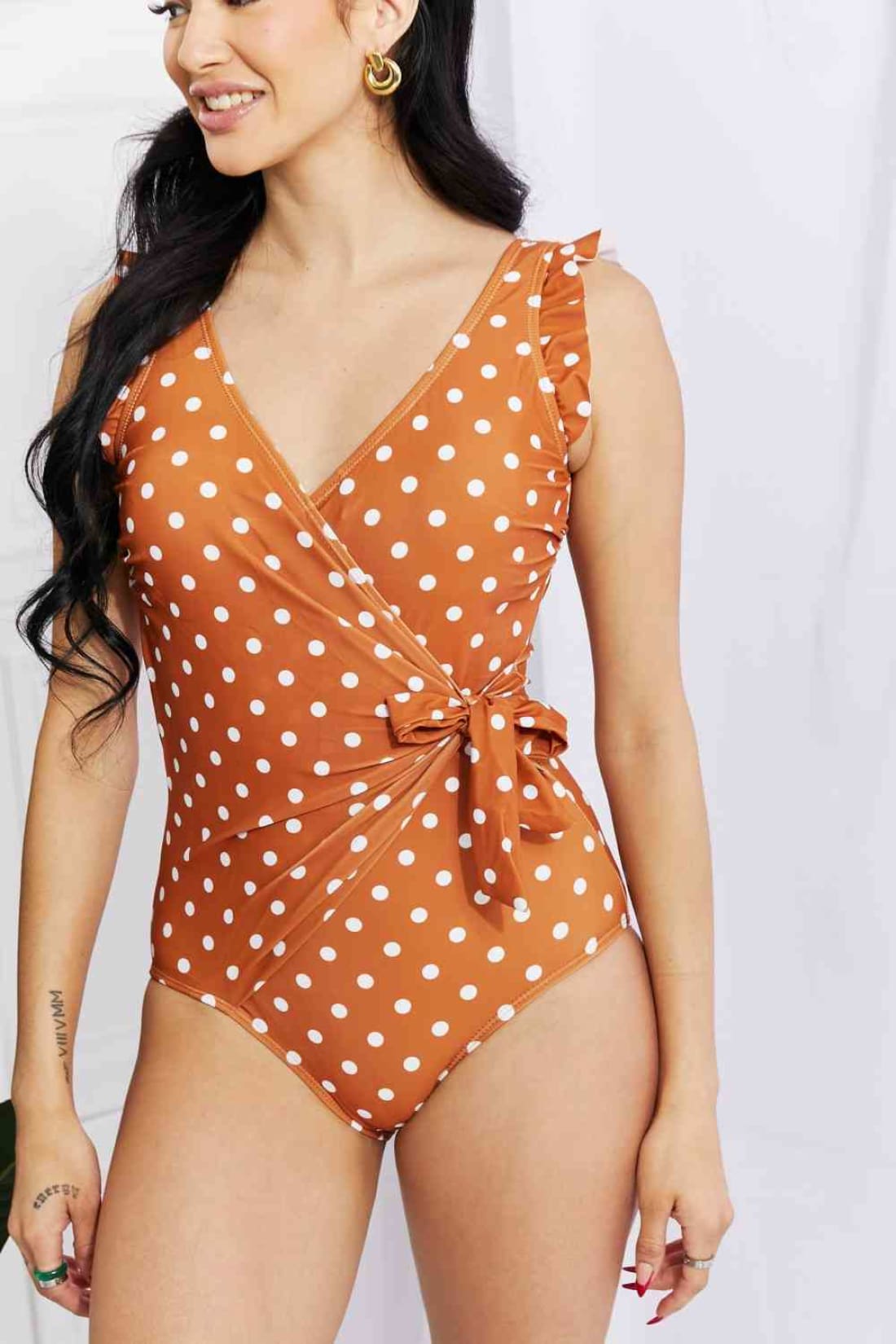 Marina West Swim Full Size Float On Ruffle Faux Wrap One-Piece in Terracotta | One-Piece Swimsuit