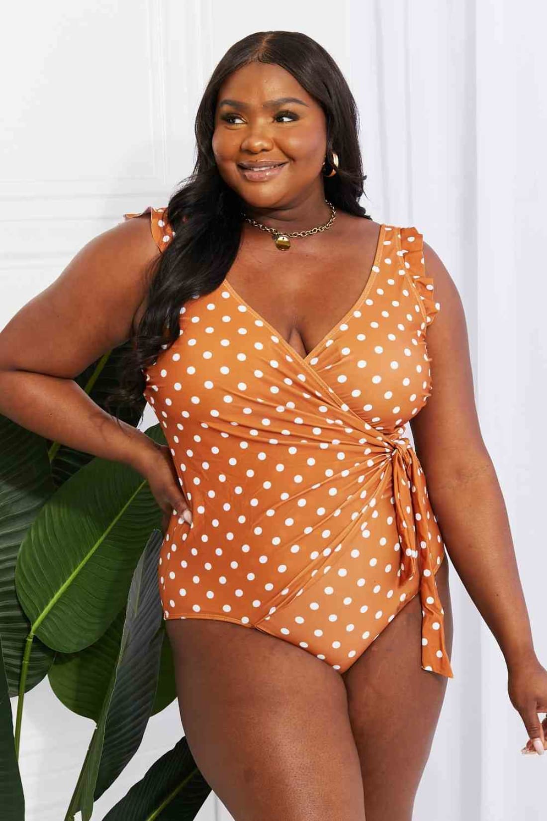 Marina West Swim Full Size Float On Ruffle Faux Wrap One-Piece in Terracotta | One-Piece Swimsuit