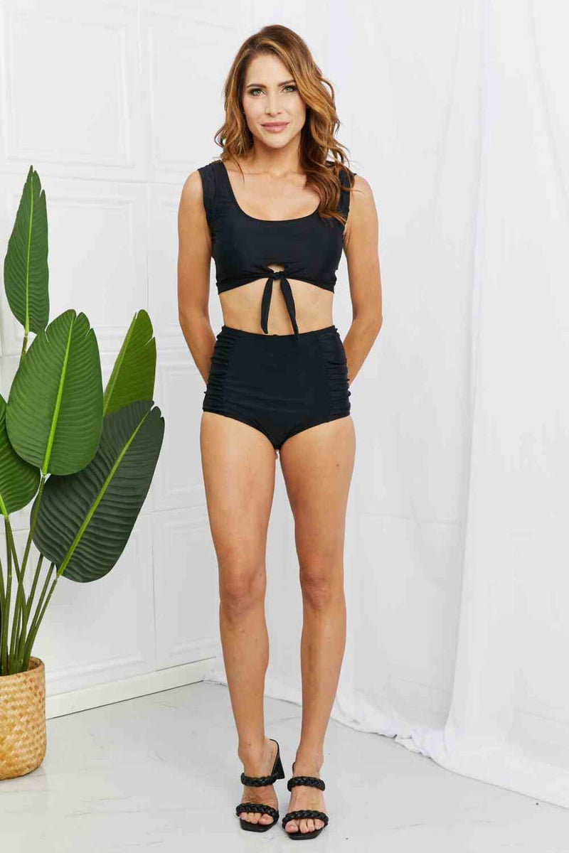 Marina West Swim Sanibel Crop Swim Top and Ruched Bottoms Set in Black | Bikini