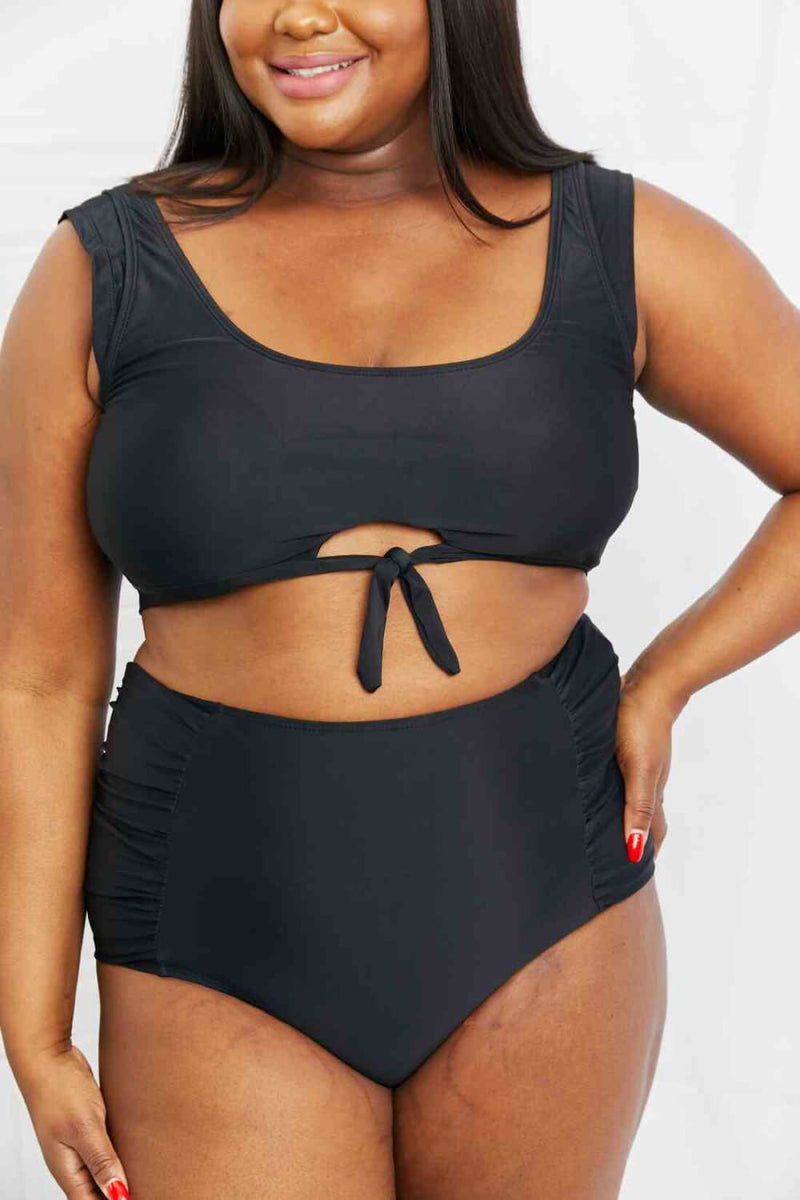Marina West Swim Sanibel Crop Swim Top and Ruched Bottoms Set in Black | Bikini