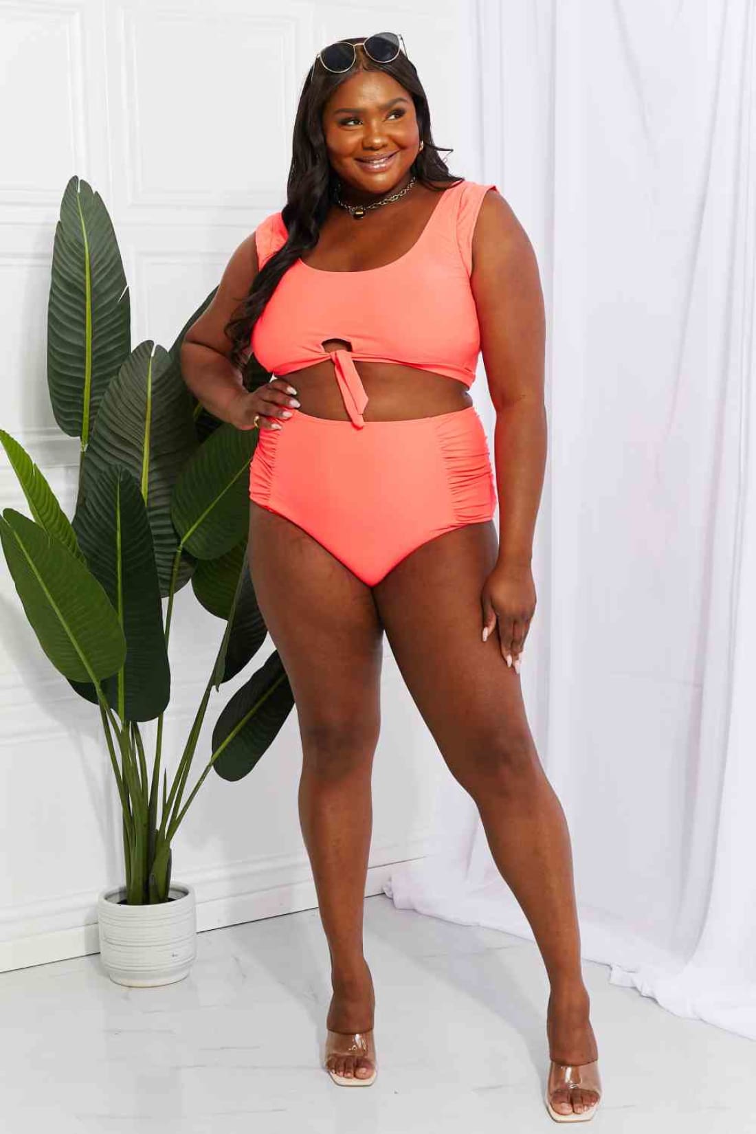 Marina West Swim Sanibel Crop Swim Top and Ruched Bottoms Set in Coral | Bikinis