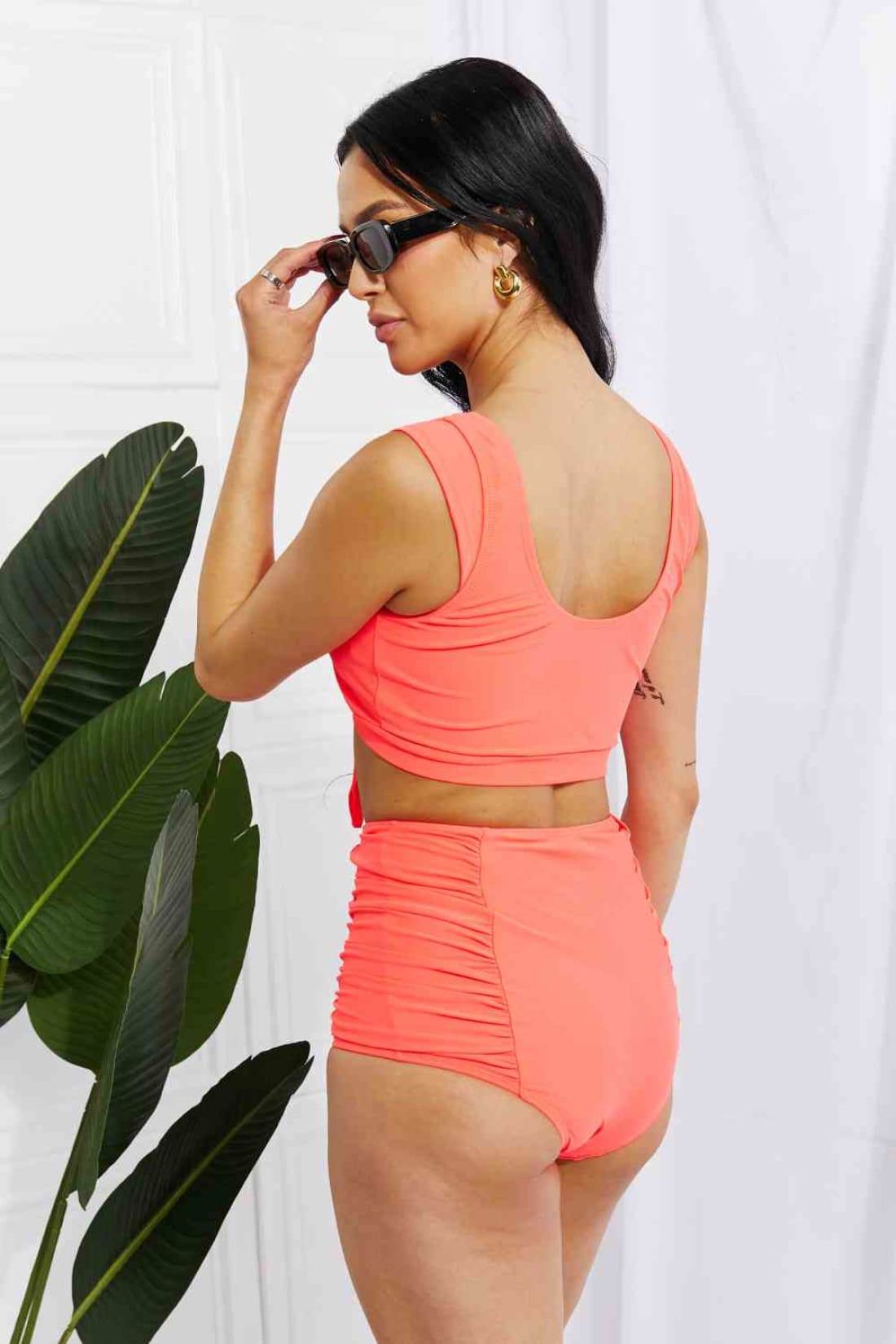 Marina West Swim Sanibel Crop Swim Top and Ruched Bottoms Set in Coral | Bikinis