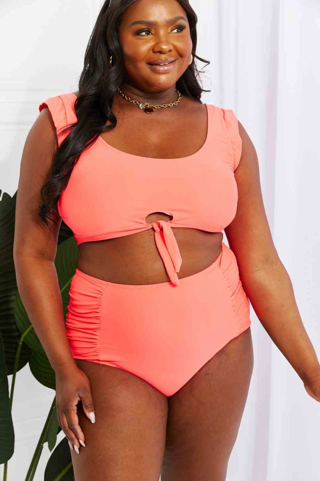 Marina West Swim Sanibel Crop Swim Top and Ruched Bottoms Set in Coral | Bikinis