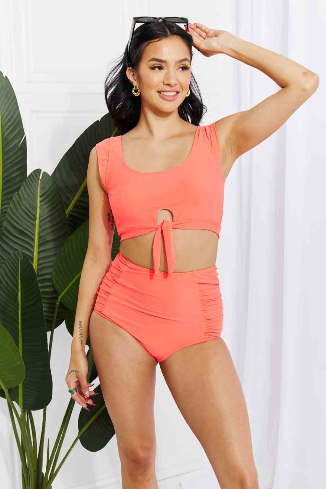 Marina West Swim Sanibel Crop Swim Top and Ruched Bottoms Set in Coral | Bikinis