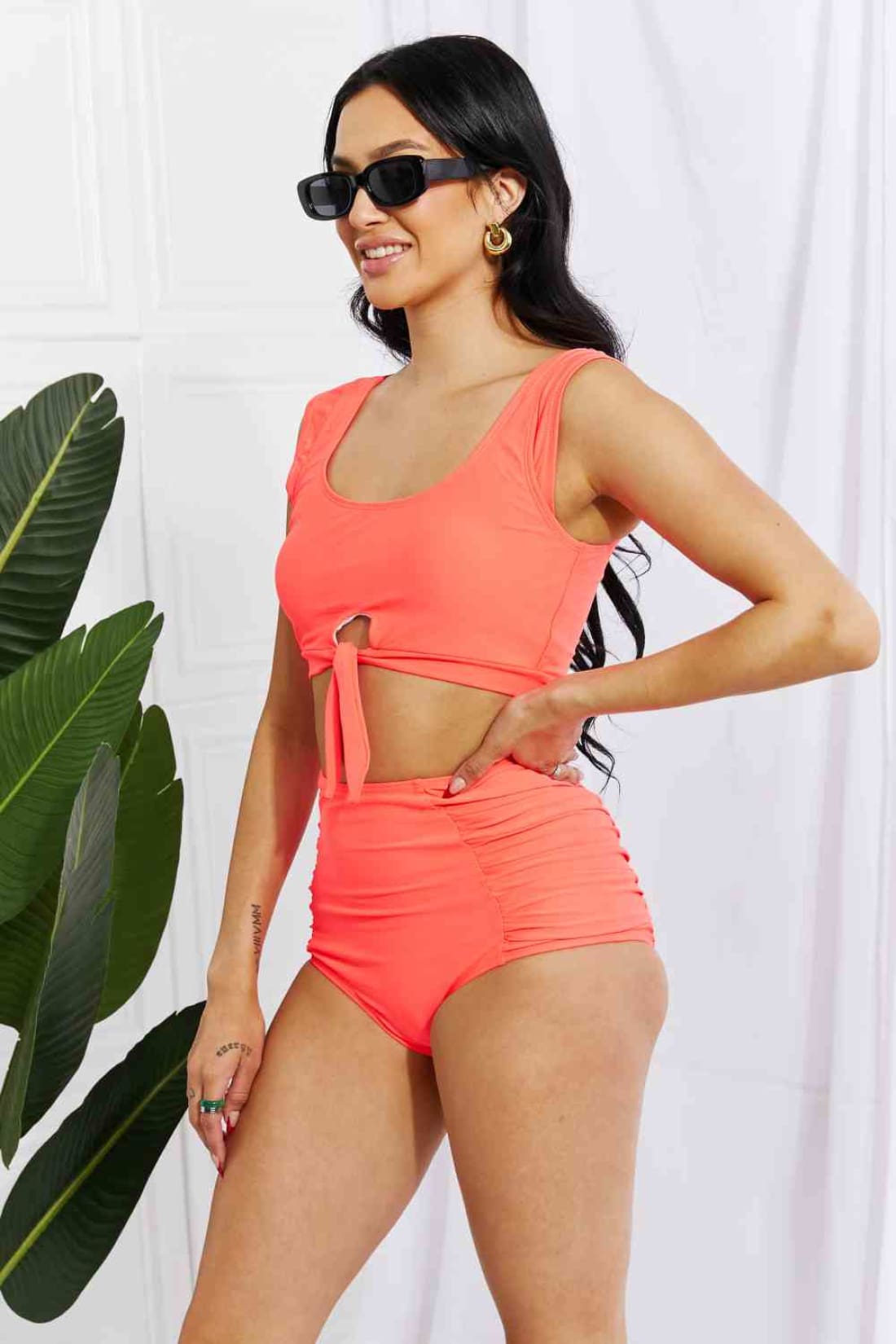 Marina West Swim Sanibel Crop Swim Top and Ruched Bottoms Set in Coral | Bikinis