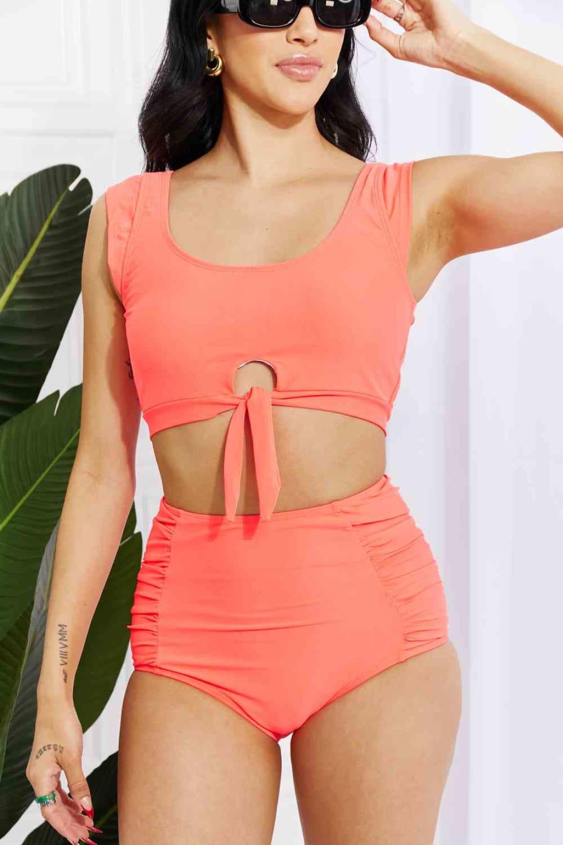 Marina West Swim Sanibel Crop Swim Top and Ruched Bottoms Set in Coral | Bikinis