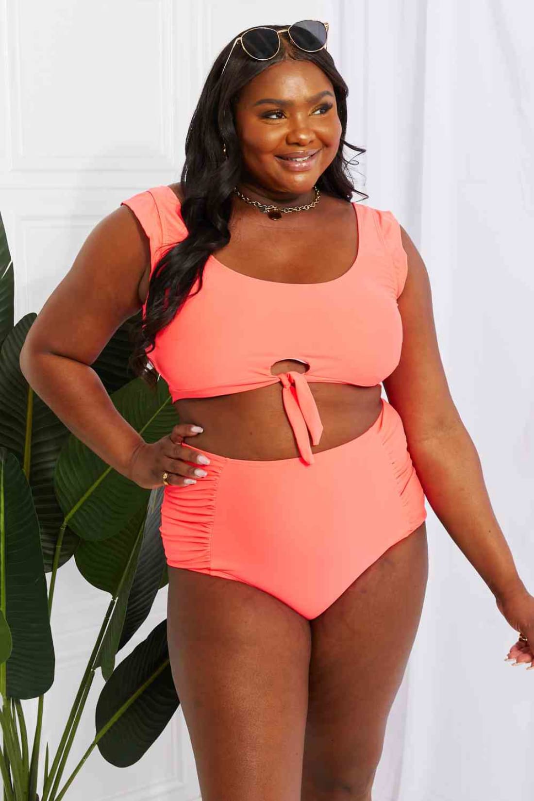 Marina West Swim Sanibel Crop Swim Top and Ruched Bottoms Set in Coral | Bikinis