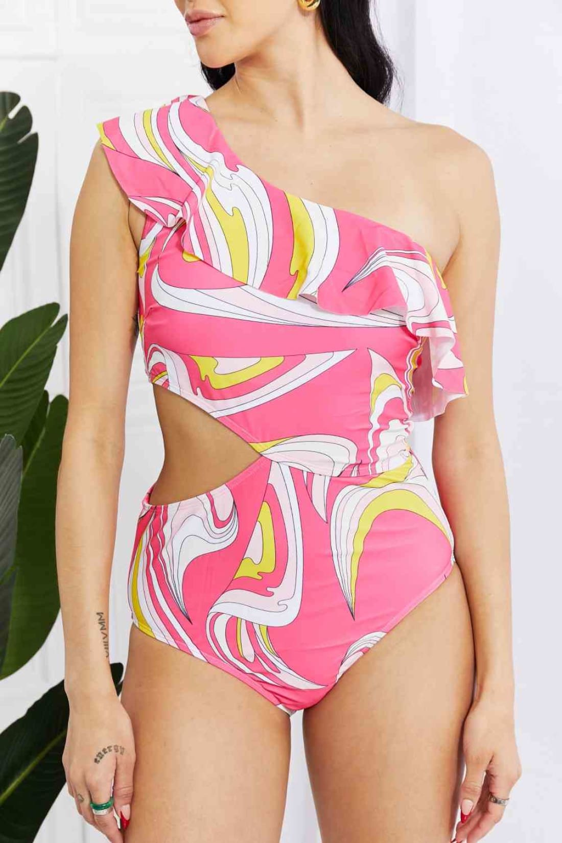 Marina West Swim Vitamin C Asymmetric Cutout Ruffle Swimsuit in Pink | One-Piece Swimsuit