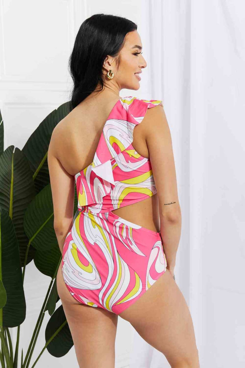 Marina West Swim Vitamin C Asymmetric Cutout Ruffle Swimsuit in Pink | One-Piece Swimsuit