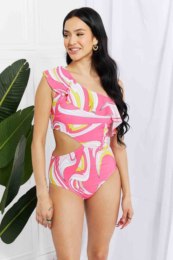 Marina West Swim Vitamin C Asymmetric Cutout Ruffle Swimsuit in Pink | One-Piece Swimsuit