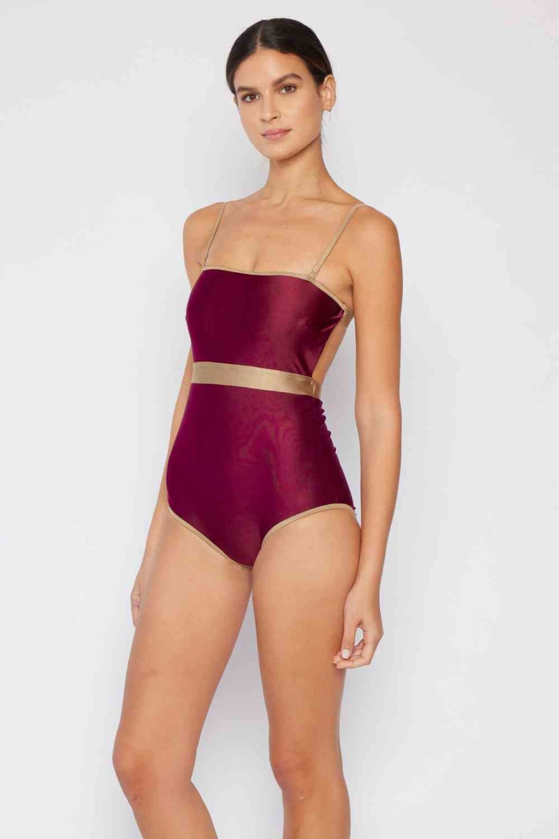 Marina West Swim Wave Break Contrast Trim One-Piece in Wine | One-Piece Swimsuit