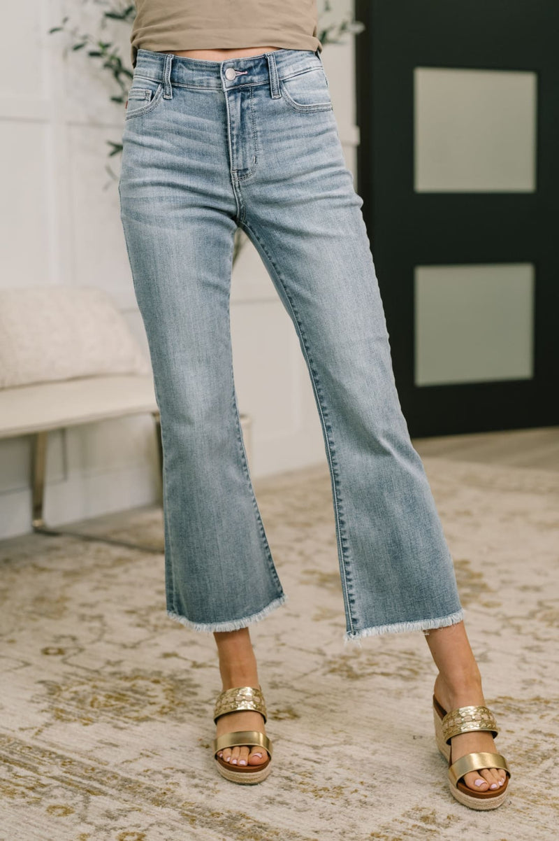 Judy BLue Mckaylee Mid Rise Kick Flare Jeans with Frayed Hem