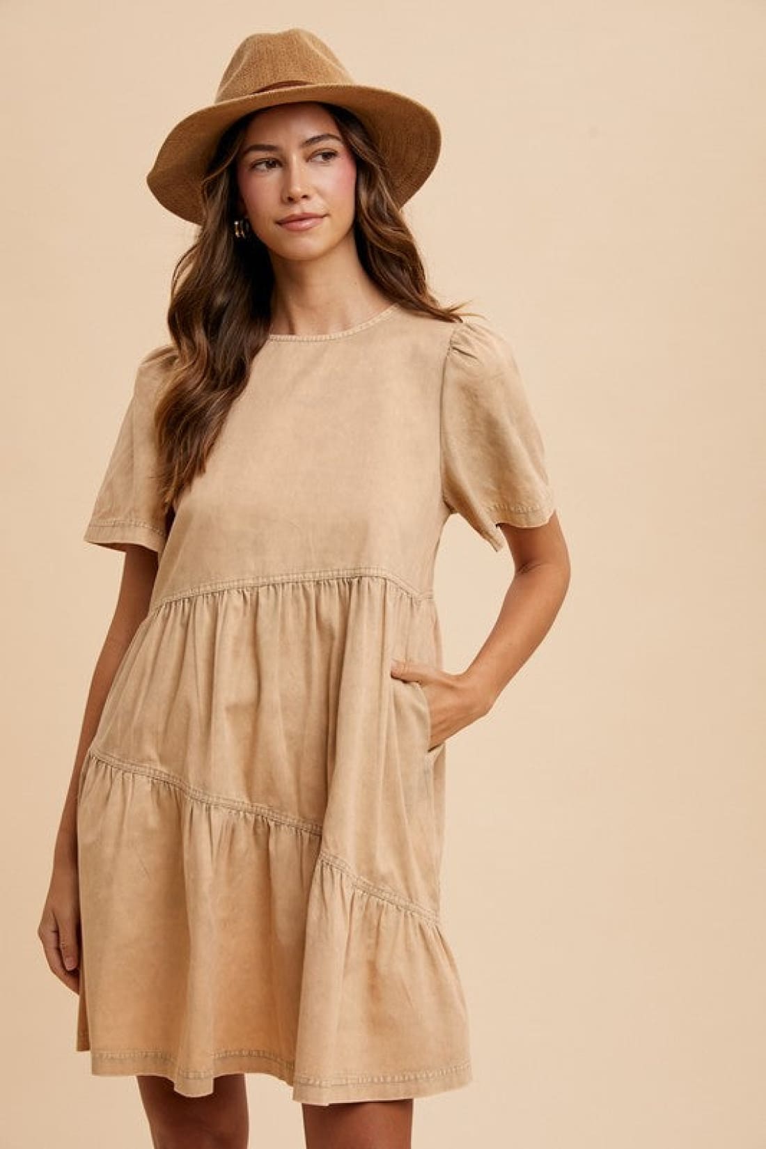 Mineral Washed Round Neck Short Sleeve Denim Dress in Tan