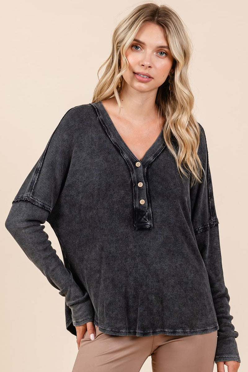 Mittoshop Washed V Neck Long Sleeve Blouse