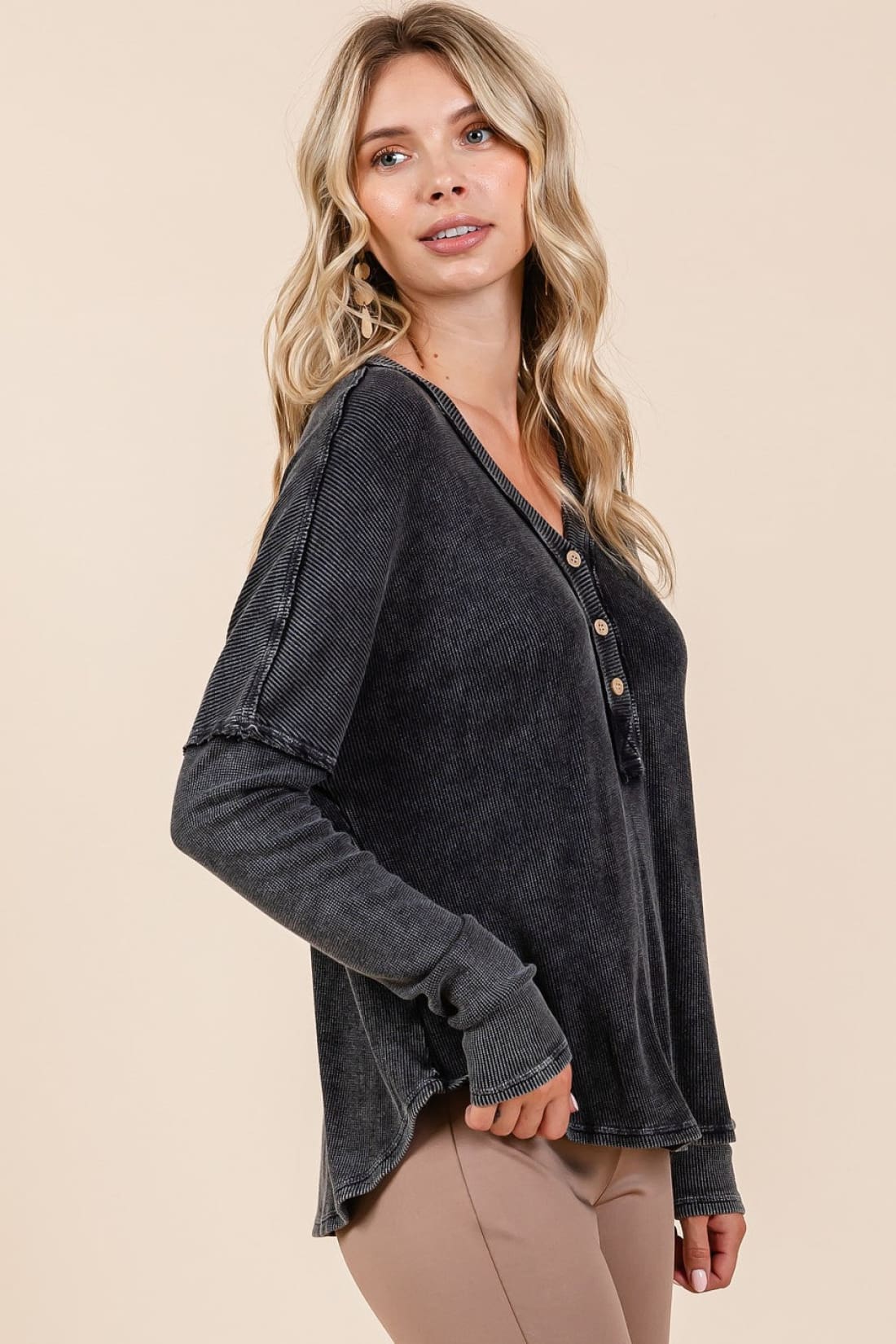 Mittoshop Washed V Neck Long Sleeve Blouse