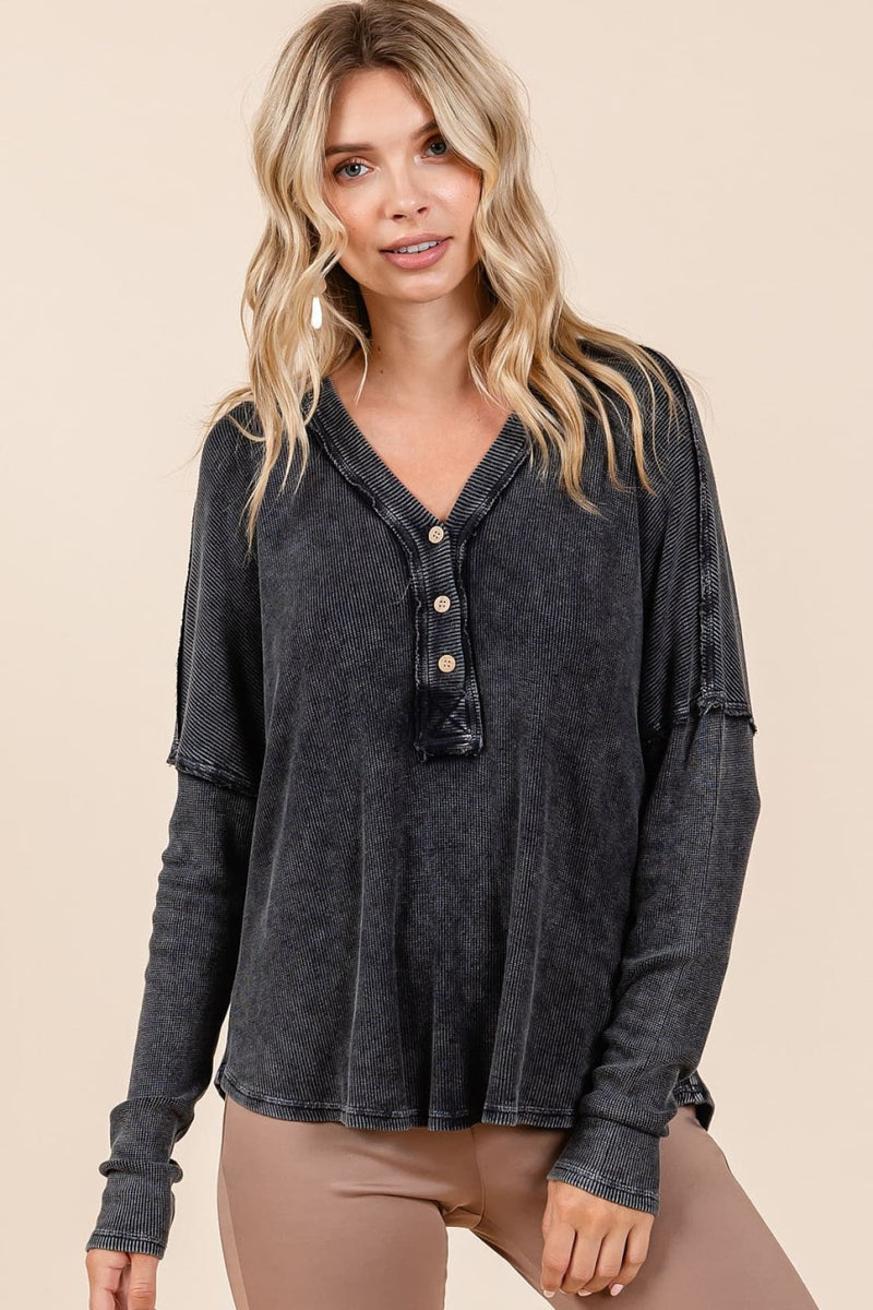 Mittoshop Washed V Neck Long Sleeve Blouse