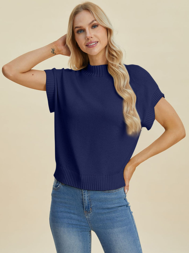 Short Sleeve Sweater with Mock Neck