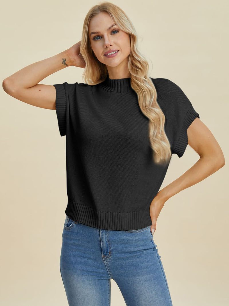 Short Sleeve Sweater with Mock Neck