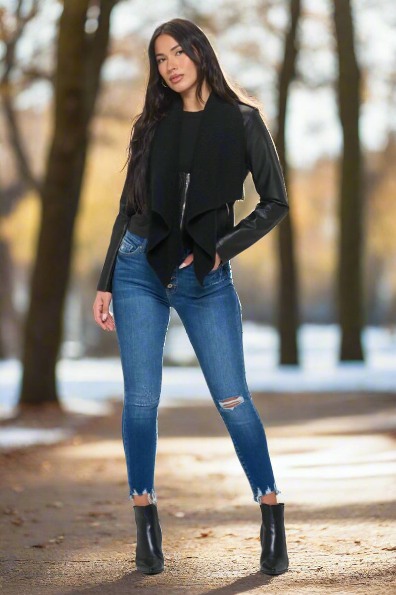 Faux Leather Crop Jacket with Knit Collar