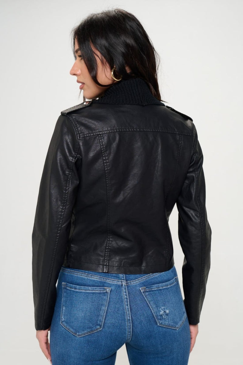 Faux Leather Crop Jacket with Knit Collar