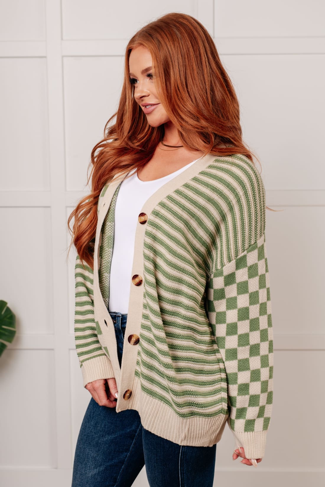 Checkered Cardigan with Stripe Accents | Sweaters & Cardigans