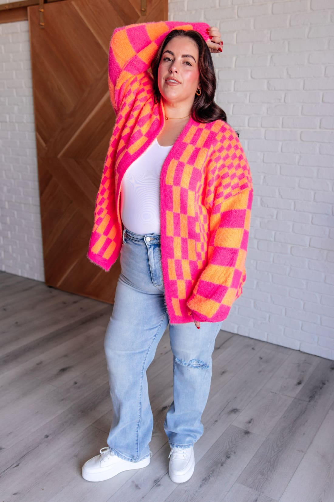 Noticed in Neon Checkered Cardigan in Pink and Orange | Layers