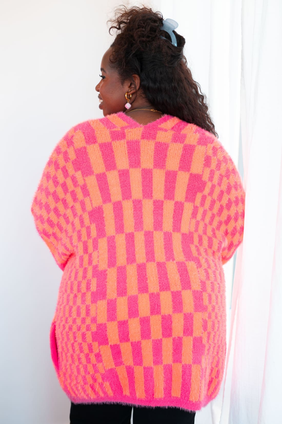 Noticed in Neon Checkered Cardigan in Pink and Orange | Layers