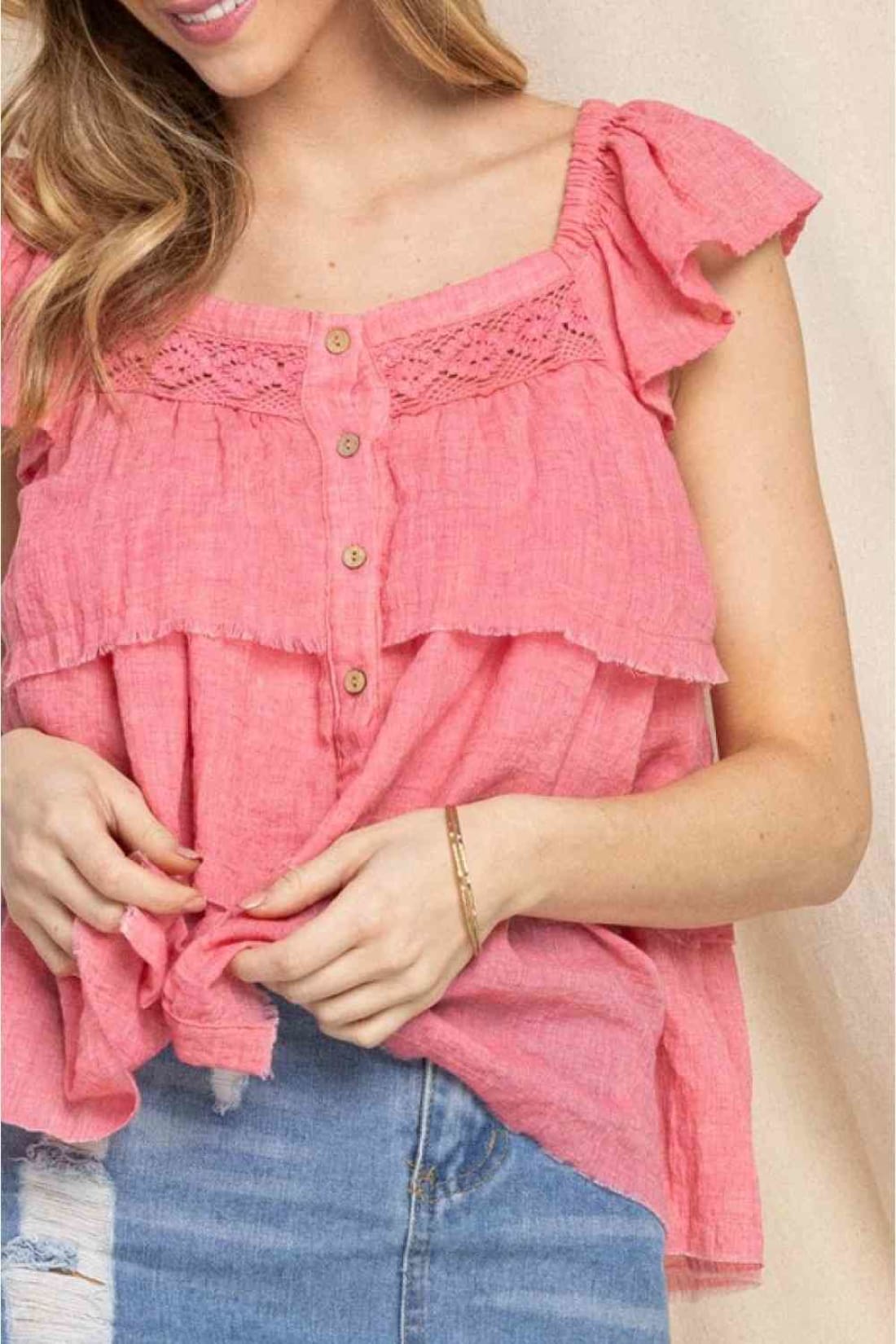 ODDI Full Size Buttoned Ruffled Top | Tank Tops