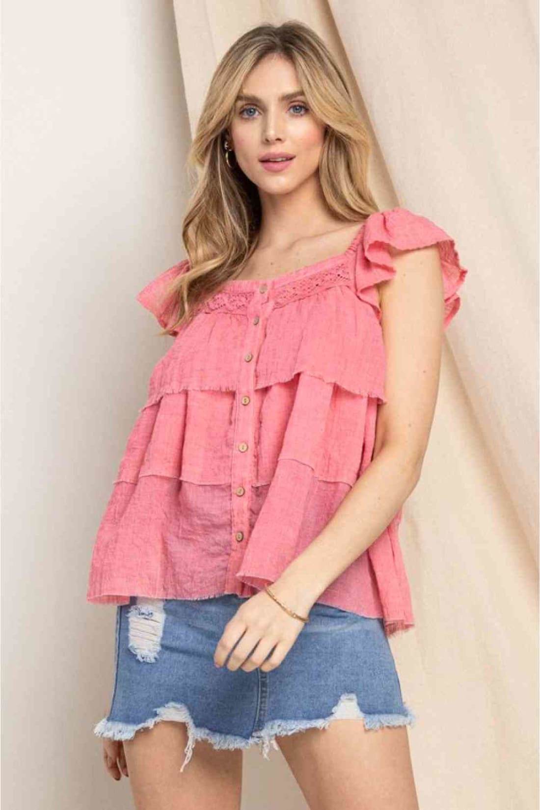 ODDI Full Size Buttoned Ruffled Top | Tank Tops