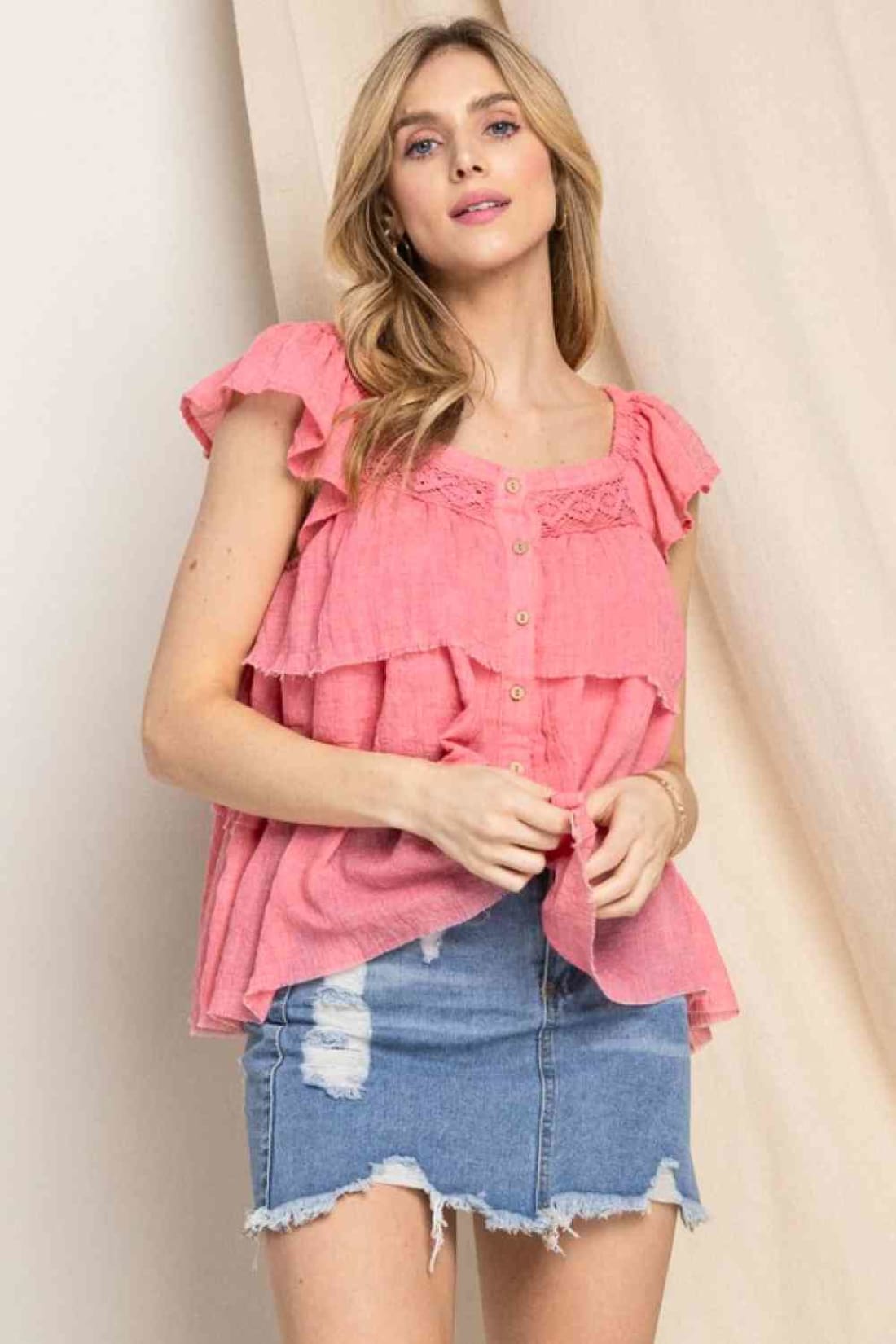 ODDI Full Size Buttoned Ruffled Top | Tank Tops