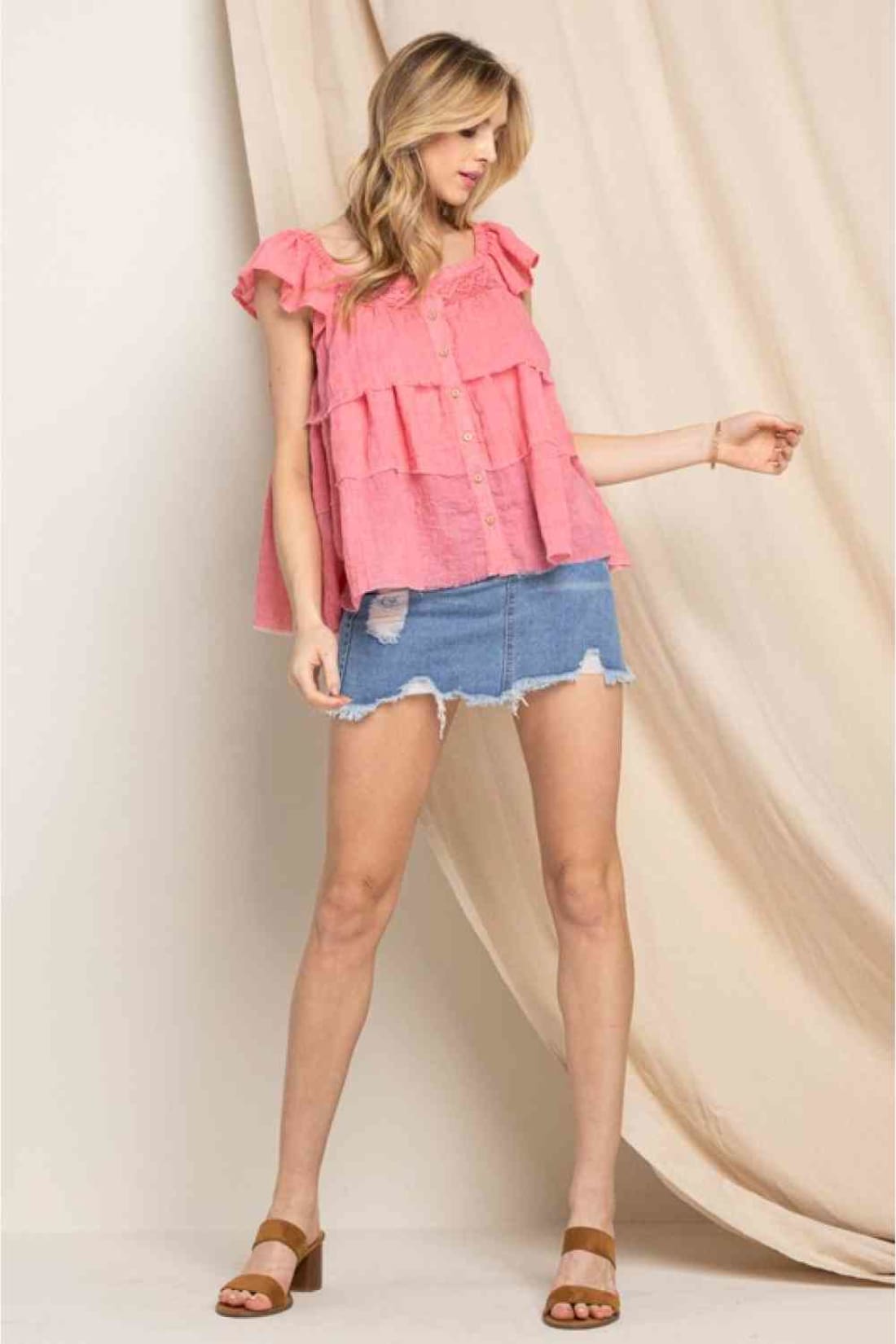 ODDI Full Size Buttoned Ruffled Top | Tank Tops