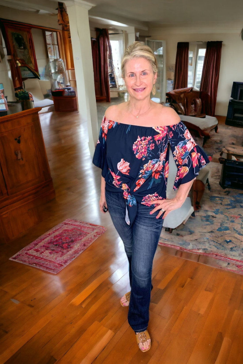 Off Shoulder Top with Bell Sleeves - Floral